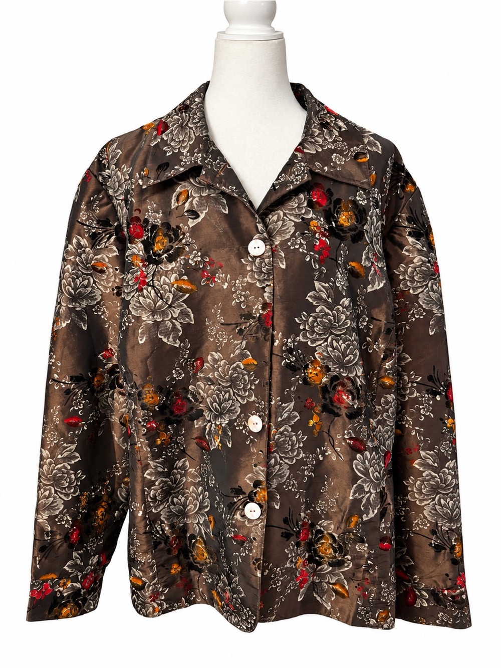 Coldwater Creek 3X Floral Flocked Blazer Jacket Brown Button Front